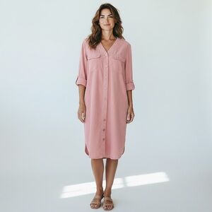 Victoria Soie Silk Shirt Dress Womens Pink Knee Length Tunic 10 Minimalist Chic